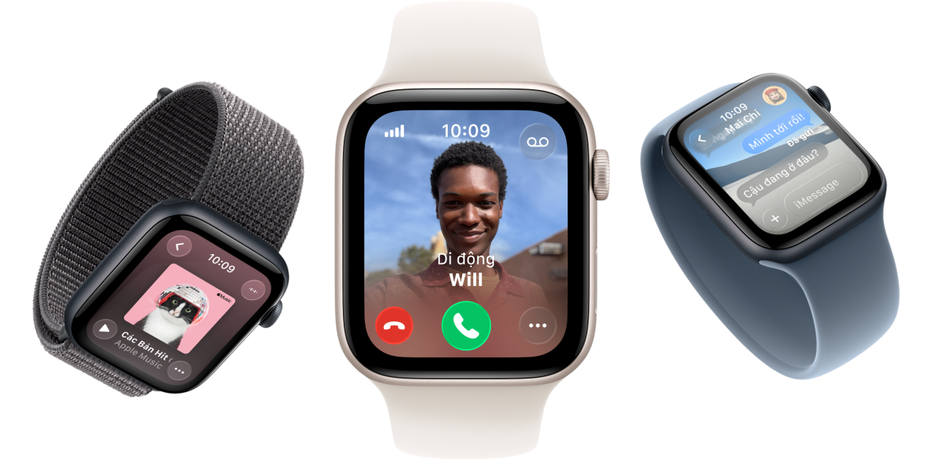 Các thiết bị Apple Watch SE 3, vỏ nhôm, màu ánh sao và màu đêm xanh thẳm, Vòng Bện Solo, màu cam nghệ, Vòng Solo, màu vàng dạ quang, Dây Quấn Thể Thao, màu đen bazan, màn hình hiển thị: Apple Pay, Trung Tâm Điều Khiển, Apple Music